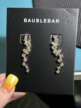 BaubleBar Clear Rhinestone Zig Zag Wave Vine Earrings Gold Tone New
